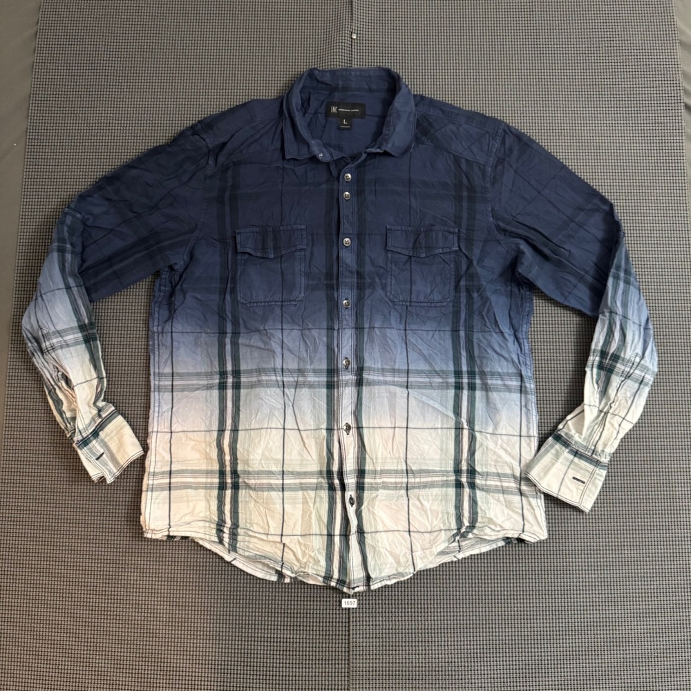 INC International Concepts Mens Blue Ombre Plaid Button Down Shirt Large